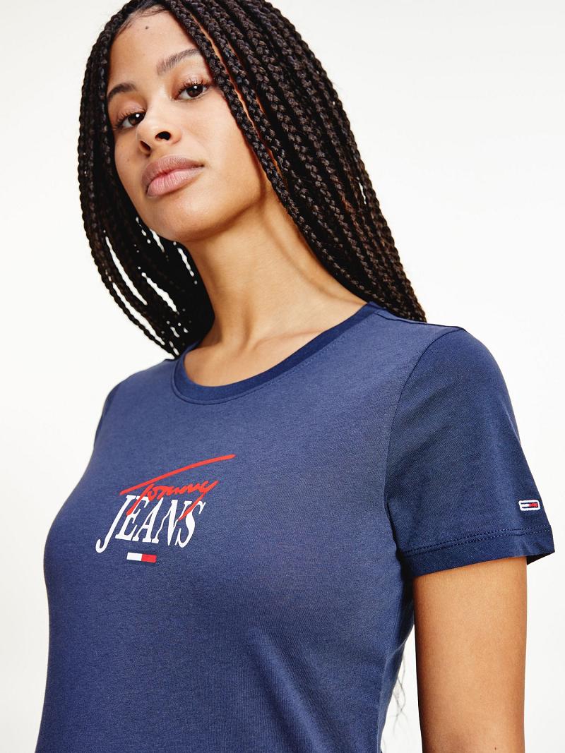 Női Tommy Hilfiger Organic Pamut Essential Logo Póló Sötétkék | HU 469SGL